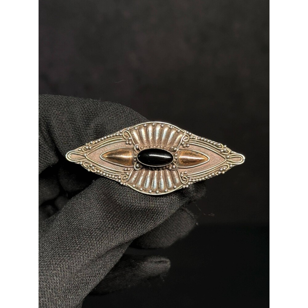 Vintage Sterling Silver Onyx Two Tone Bar Pin Brooch
